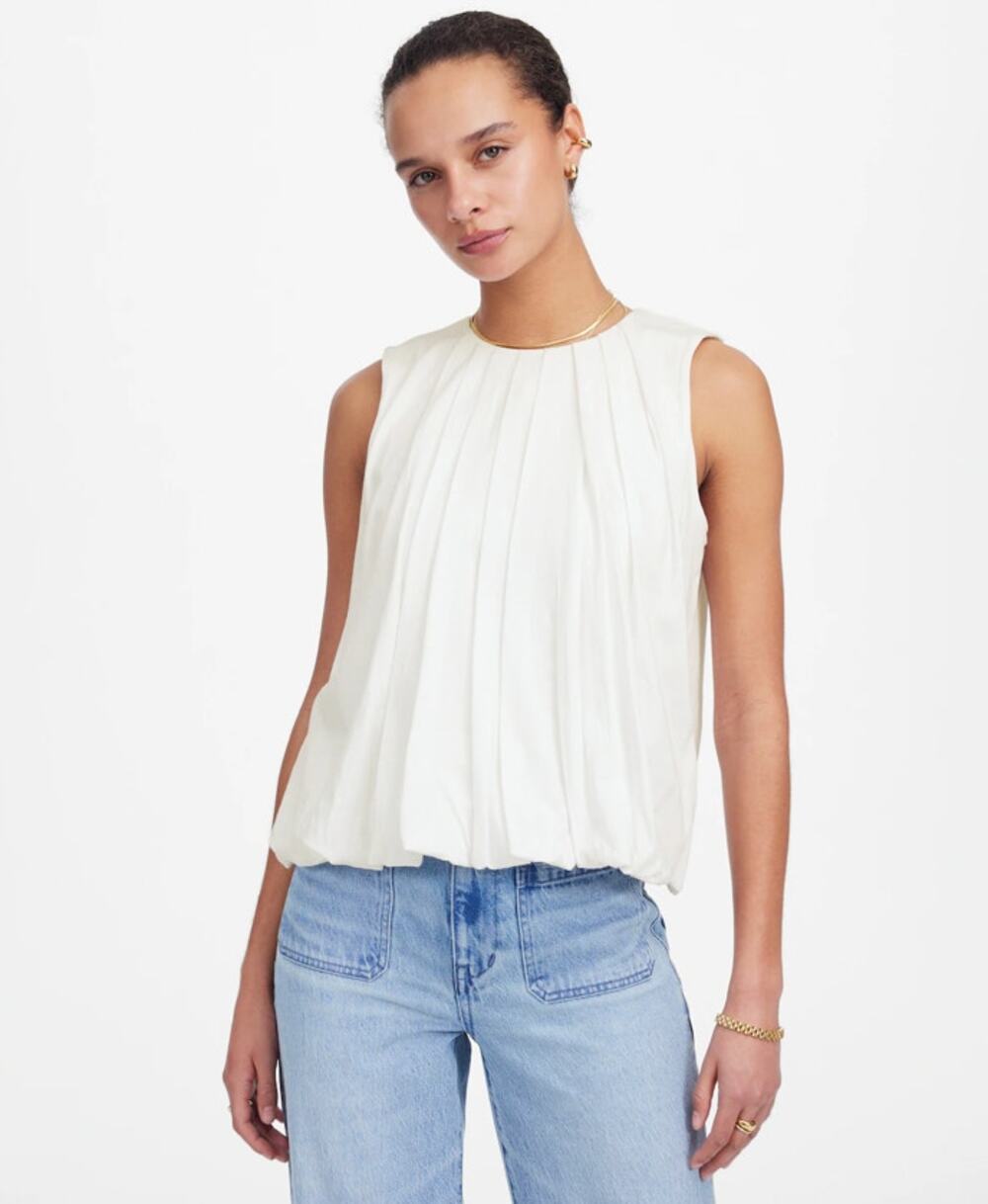 Madewell Sleeveless Crew Neck Bubble Top XS White Pullover Lined Stretch Cotton
